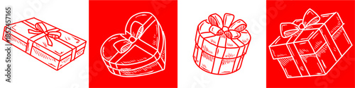 Set of handdrawn giftbox vector for holiday cards and birthday designs. Ideal for illustrating presents, surprises, Christmas, and festive celebration decorations.