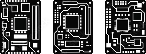 circuit board pathway designs with microchips and electronic routing, vector illustration