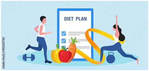 Diet plan concept. People do jogging and riding and eating healthy food for dietary eating, meal planning, healthy lifestyle and nutrition vector illustration