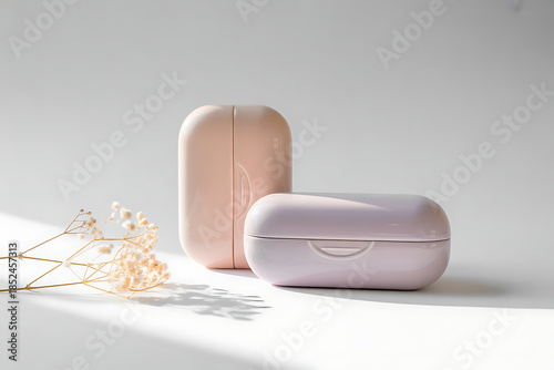 Two pastelcolored soap cases, one pink and one lilac, sit on a white surface with a dried flower