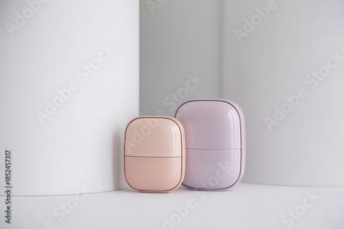 Two cosmetic containers, one pink and one purple, isolated on white background