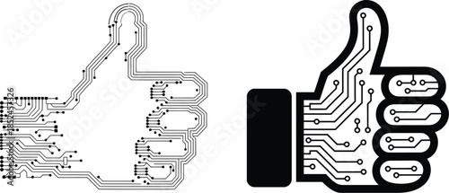 thumbs up icons with circuit board pattern for technology and social media approval designs
