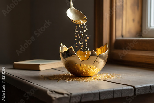 A golden egg cup with a spoon pouring sparkling granules, set on a wooden table with a book and window in the background