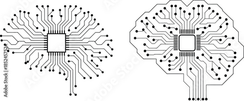 circuit board brain icon with central microchip and electronic pathways, vector illustration