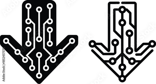circuit board arrow icon pointing downward with digital line structure, vector illustration