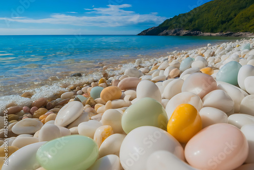 Colorful pebbles on a serene beach with clear blue ocean water and a green hillside under a sunny sky