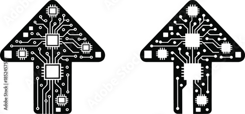 circuit board arrow set pointing up and down with electronic styling, vector illustration