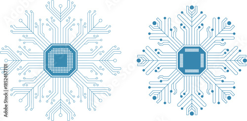 circuit board snowflake designs with microchips and wiring symmetry, vector illustration
