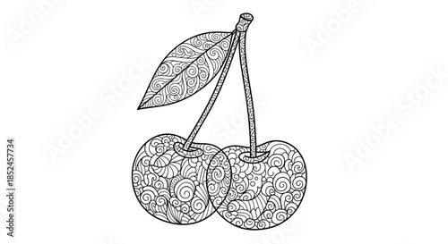 Detailed black and white illustration of two cherries and a leaf, adorned with intricate swirling patterns, perfect for an adult coloring book or design.