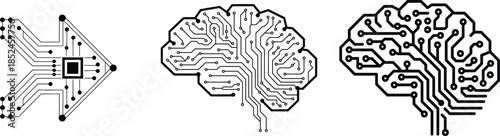 circuit board brain illustration with directional arrow and signal flow, vector illustration