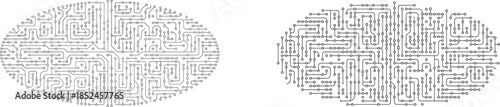 circuit board brain hemispheres with structured wiring pathways, vector illustration