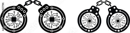 cyber security handcuffs illustration with internal circuit board patterns, vector illustration