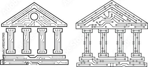 electronic bank building icons with circuit board design for finance technology concepts
