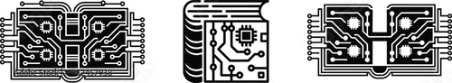 circuit board component designs with chips wires and signal paths, vector illustration
