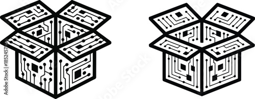 circuit box illustration with open geometric shapes in black and white, vector illustration