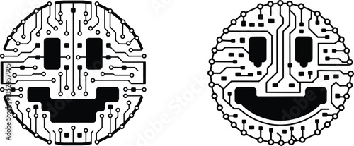 circuit board smiling face icons with electronic components and details, vector illustration