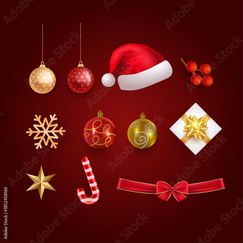 Christmas ornaments and festive icons vector set. Realistic 3D gold and red baubles, Santa hat, gift box, candy cane and star. Holiday decoration collection isolated on dark red background.
