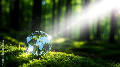 Glass Globe on Mossy Forest Floor with Sunlight