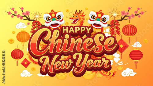 Vibrant happy chinese new year greeting with lion dance heads, lanterns, and cherry blossoms on gradient background