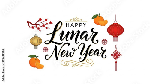 Happy lunar new year celebration with lanterns, oranges, and cherry blossoms