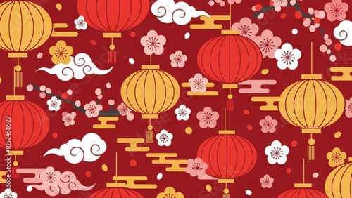 Vibrant chinese new year background with red and gold lanterns, cherry blossoms, and clouds on deep red backdrop for festive celebrations and cultural traditions