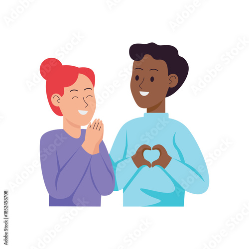 Happy Diverse Couple Forming Heart Shape with Hands.