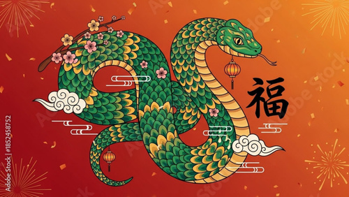 Vibrant green snake with golden accents, cherry blossoms, and lanterns on orange background with chinese character for fortune and firework designs