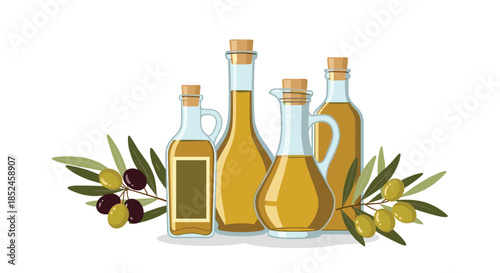 An appealing assortment of olive oil bottles and a glass carafe, elegantly arranged with fresh green and black olive branches.