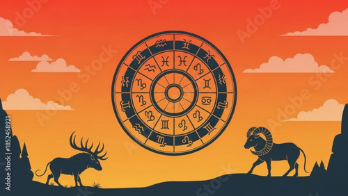 Zodiac wheel with astrology symbols, silhouette of deer and ram at sunrise, sunset sky with clouds, astrological signs, circular chart
