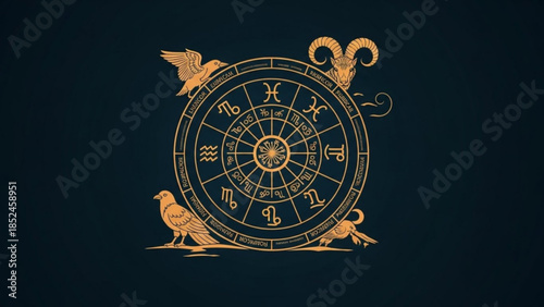 Golden zodiac wheel with astrology symbols, birds, and ram on dark background, ancient astronomy illustration