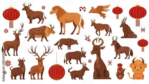 Zodiac animals and deers with red lanterns on white background, chinese new year decoration, chinese zodiac symbols, deer and animal illustrations
