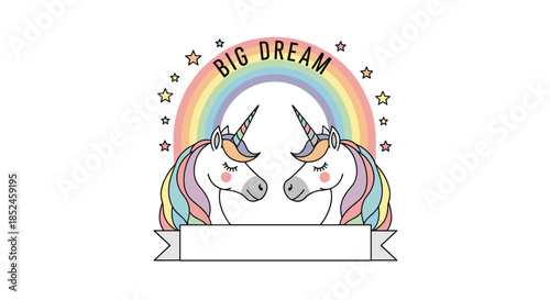 Adorable cartoon unicorns with colorful manes and horns facing each other under a pastel rainbow with \.