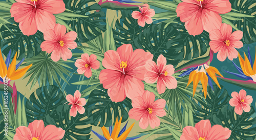 A vibrant and lush seamless tropical pattern featuring blooming pink hibiscus flowers, exotic bird of paradise, and dense green foliage.