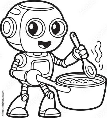 Happy robot cooking with spoon in bowl full of meal outline design