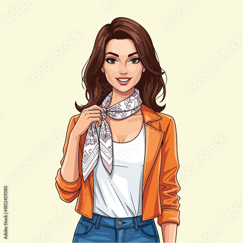 Beautiful young woman with a stylish scarf and orange jacket.