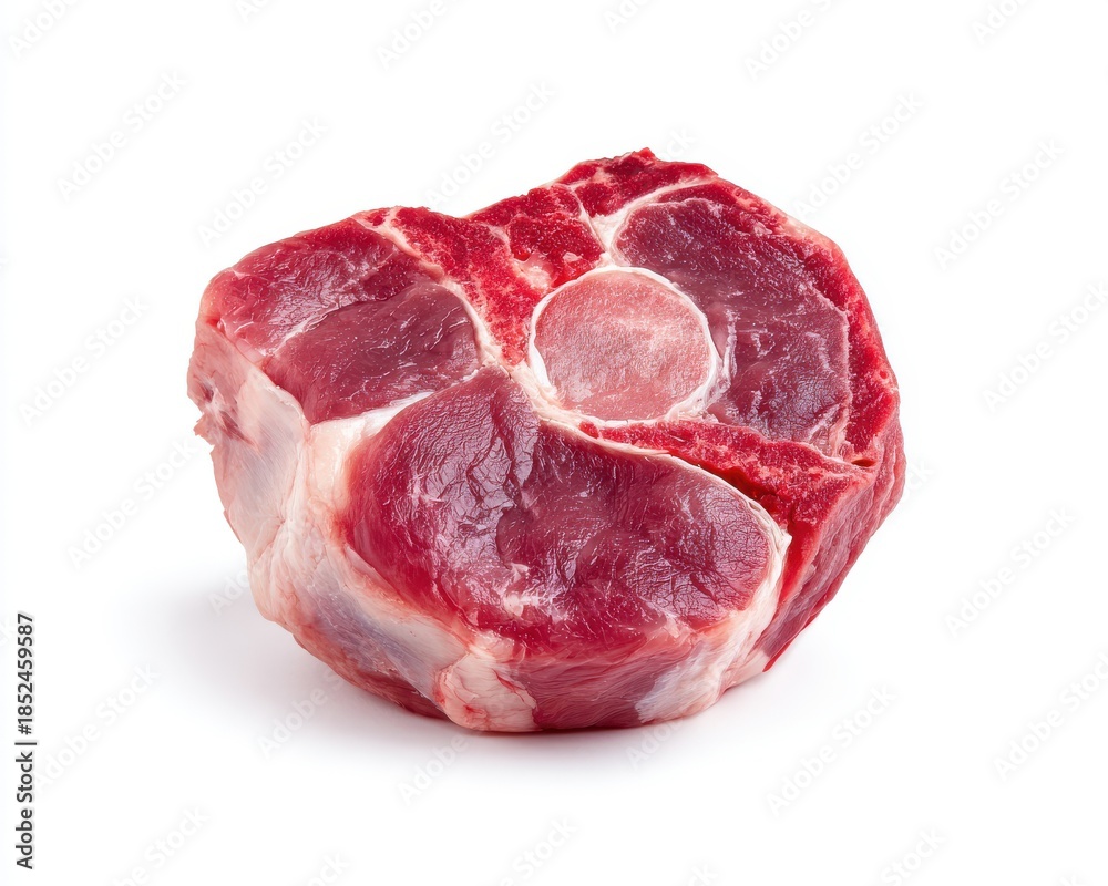 Obraz premium Raw Lamb Shank Cross Section Isolated on White Background with Red Meat and Marbling