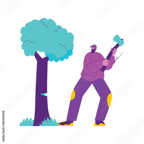 Cartoon Man Chopping Down Tall Tree With Axe.