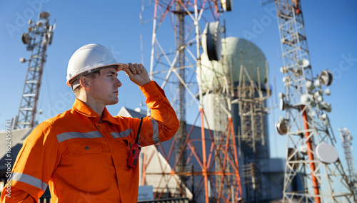Tableau sur toile Engineer inspecting communication towers for 5G and 6G network deployment