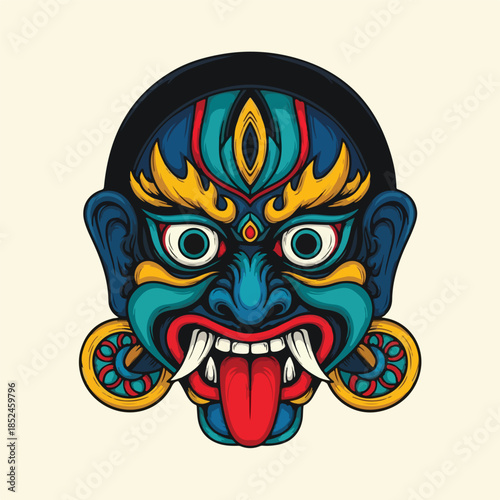 Colorful illustration of a fierce traditional Asian demon mask with sharp fangs and a long tongue depicting a powerful cultural symbol.