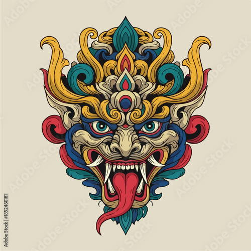 Colorful Mythical Creature Mask with Intricate Details and Fierce Expression.