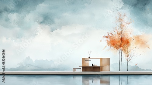 A Tranquil Painting of a Tree in a Reflective Pool Capturing Minimalist Aesthetic in Art