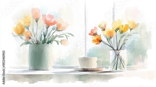 Exploring the Paradox of Remote Work Productivity Through Artful Watercolor Flowers on a Vibrant Desk