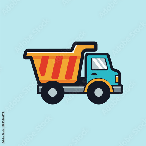 Cute dump truck cartoon illustration with bold outline and bright colors. Perfect for kids t-shirt graphic, children apparel, nursery decor, preschool learning, and fun construction vehicle designs.