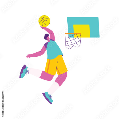 Dynamic Athlete Leaping to Dunk Basketball into Hoop.