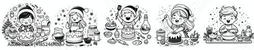 line art of a child making Christmas cookies. Vector, minimalist, illustration, icon set.