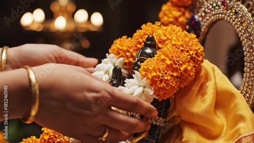 Close Up Of Hands Decorating A Religious Idol With Orange Marigold And White Jasmine Flower Garlands During A Devotional Ceremony With Soft Warm Lighting And A Blurred Festive Background