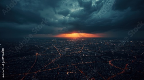 Cityscape under stormy skies
