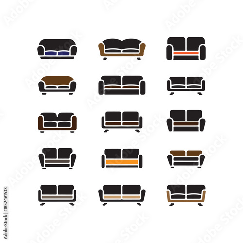 A diverse collection of stylized sofa and couch icons for modern interior design concepts