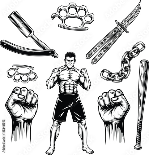 Street fighter, combat stance, martial arts, weapon icons, fists, razor, chain, bat, bold sketch, flat vector illustration