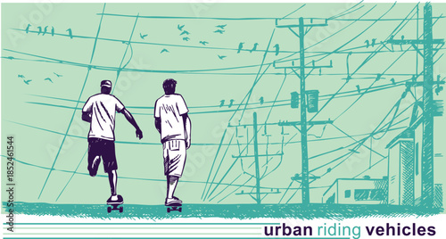 Stylized illustration of skateboarders in an urban landscape.